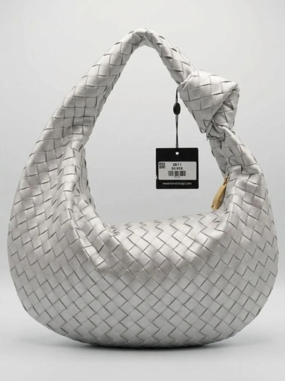 Woven Silver Hobo Bag with Knotted Shoulder Strap